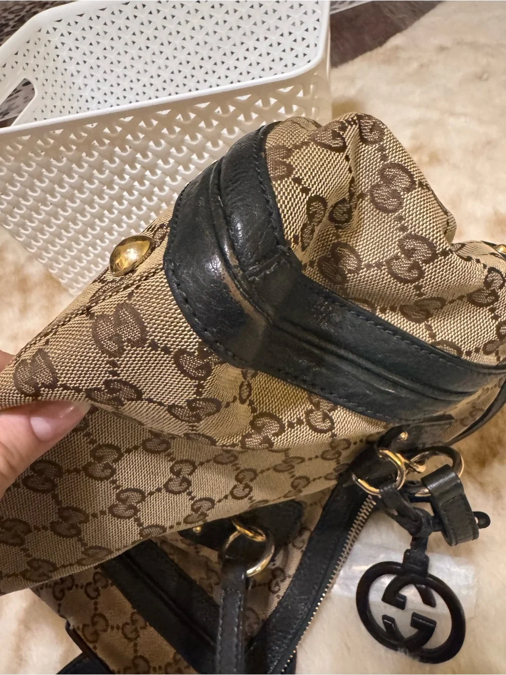 Gucci Brown GG Canvas Tote with Black Leather Trim with COA